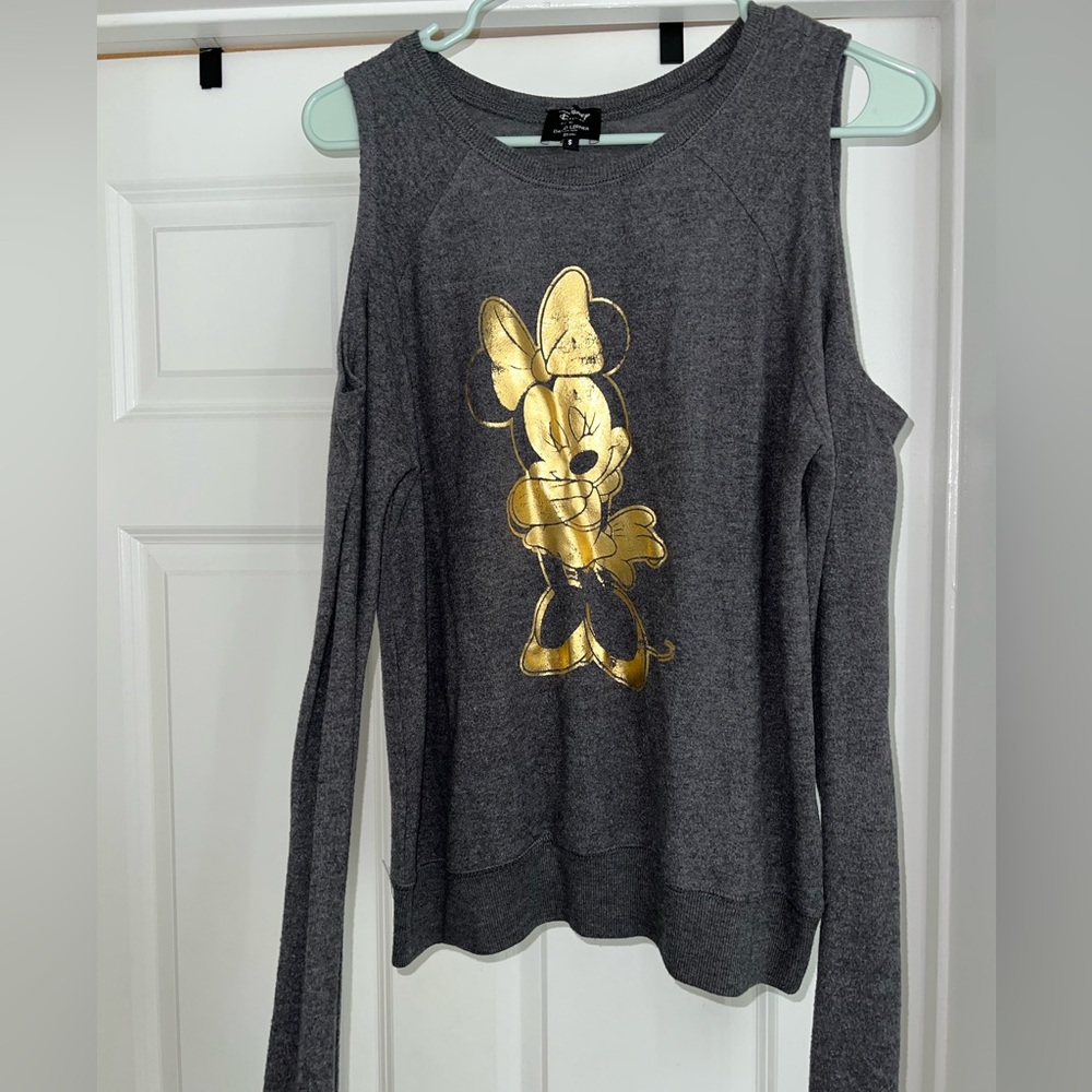 David Lerner Disney Collection Gray Open Shoulder Gold Minnie Mouse Sweater S